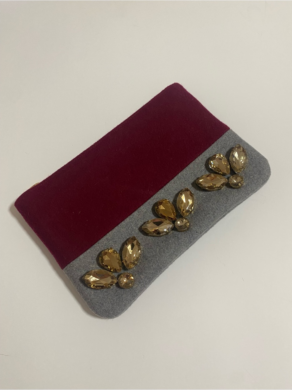 Two-Tone Gray and Wine Red Embellished Evening Clutch